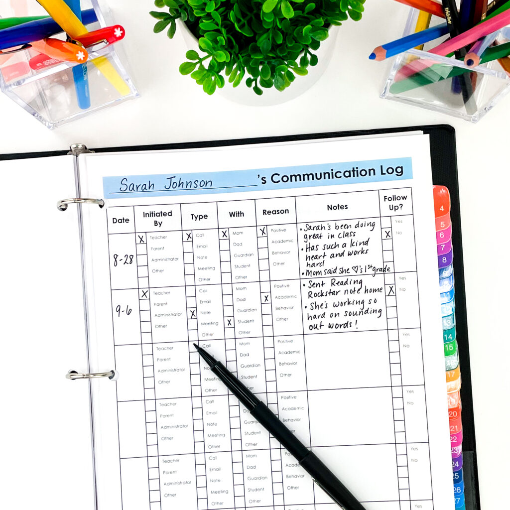Editable parent communication log for teachers to use